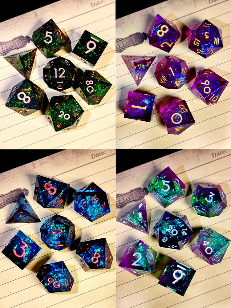 DnD Dice Set - 7 Piece Sharp Edge Resin Polyhedral Dice, Light Blue with Bronze Numbers, for D&D RPG Tabletop Games