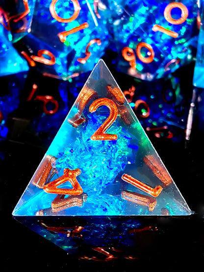 DnD Dice Set - 7 Piece Sharp Edge Resin Polyhedral Dice, Light Blue with Bronze Numbers, for D&D RPG Tabletop Games