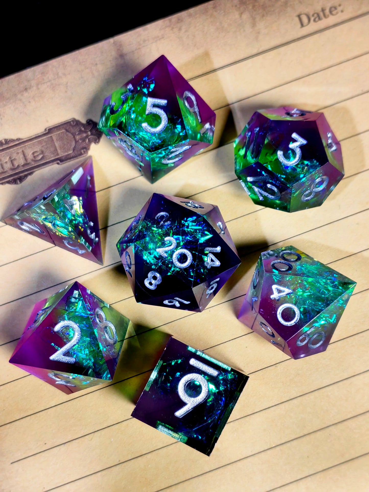 DnD Dice Set - 7 Piece Sharp Edge Resin Polyhedral Dice, Light Blue with Bronze Numbers, for D&D RPG Tabletop Games