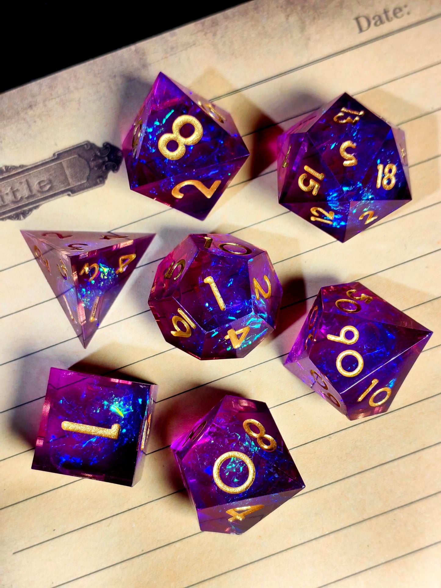 DnD Dice Set - 7 Piece Sharp Edge Resin Polyhedral Dice, Light Blue with Bronze Numbers, for D&D RPG Tabletop Games