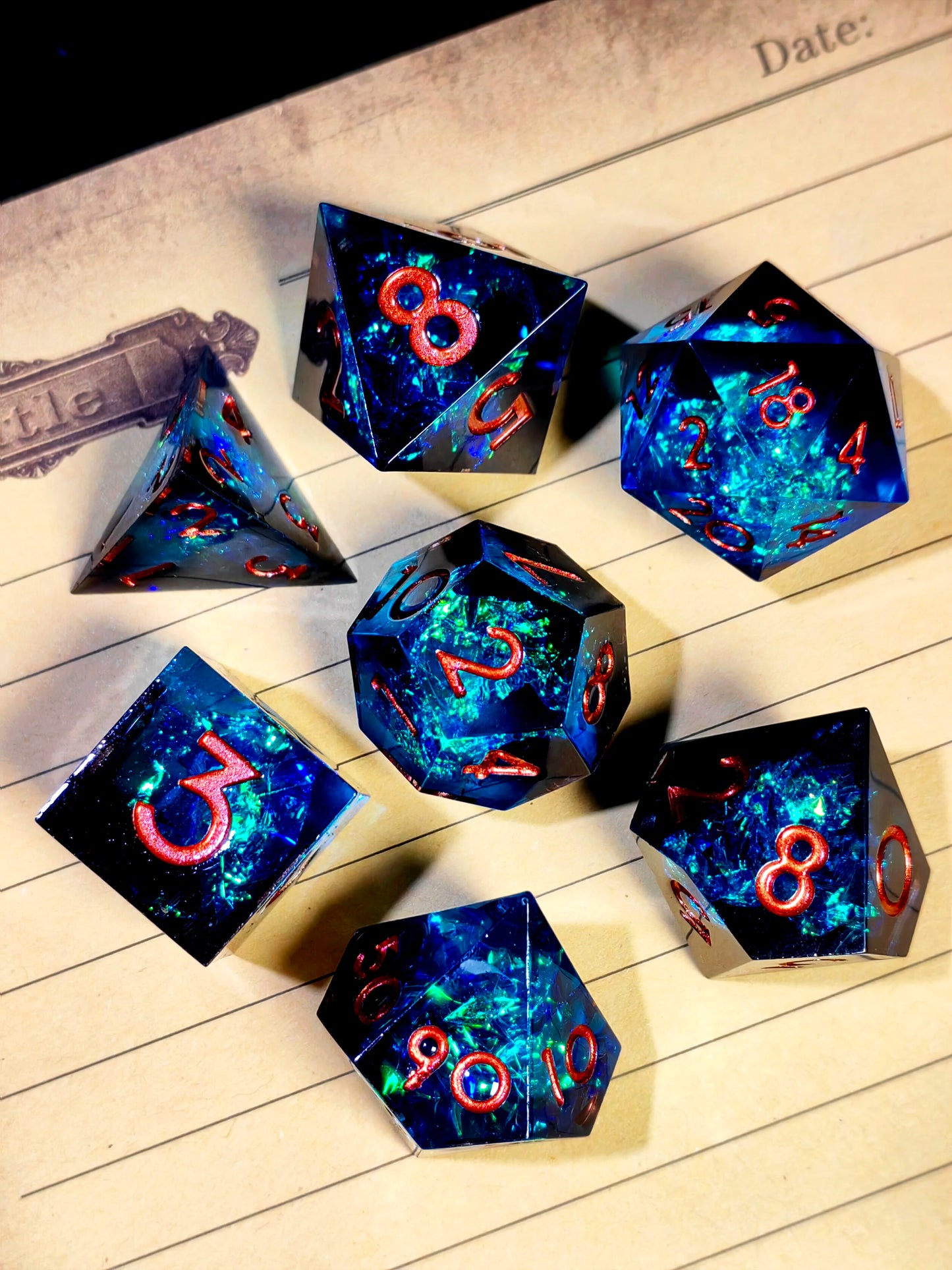 DnD Dice Set - 7 Piece Sharp Edge Resin Polyhedral Dice, Light Blue with Bronze Numbers, for D&D RPG Tabletop Games