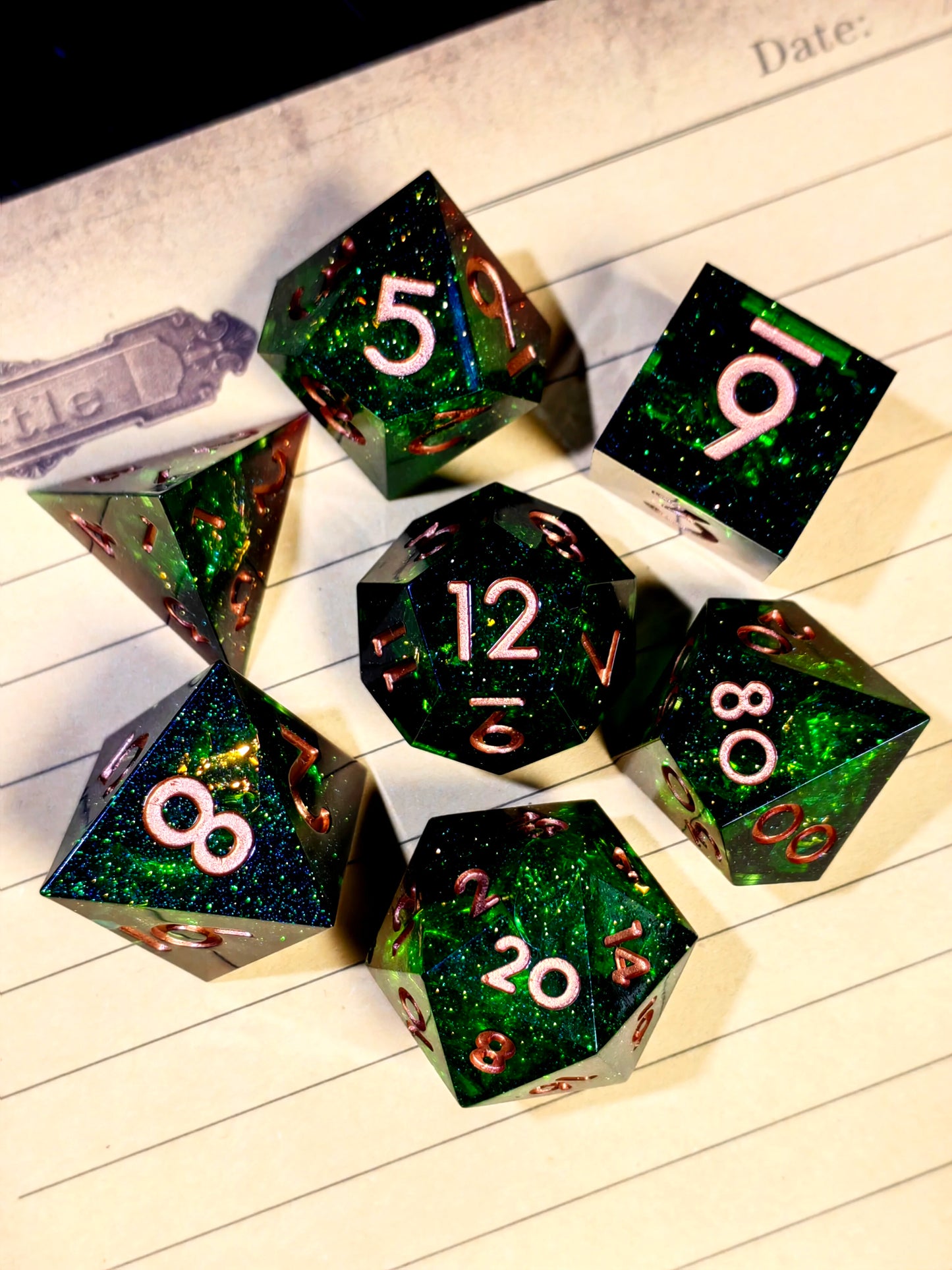 DnD Dice Set - 7 Piece Sharp Edge Resin Polyhedral Dice, Light Blue with Bronze Numbers, for D&D RPG Tabletop Games