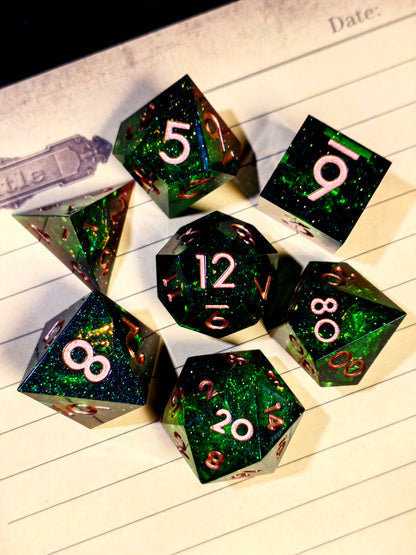DnD Dice Set - 7 Piece Sharp Edge Resin Polyhedral Dice, Light Blue with Bronze Numbers, for D&D RPG Tabletop Games