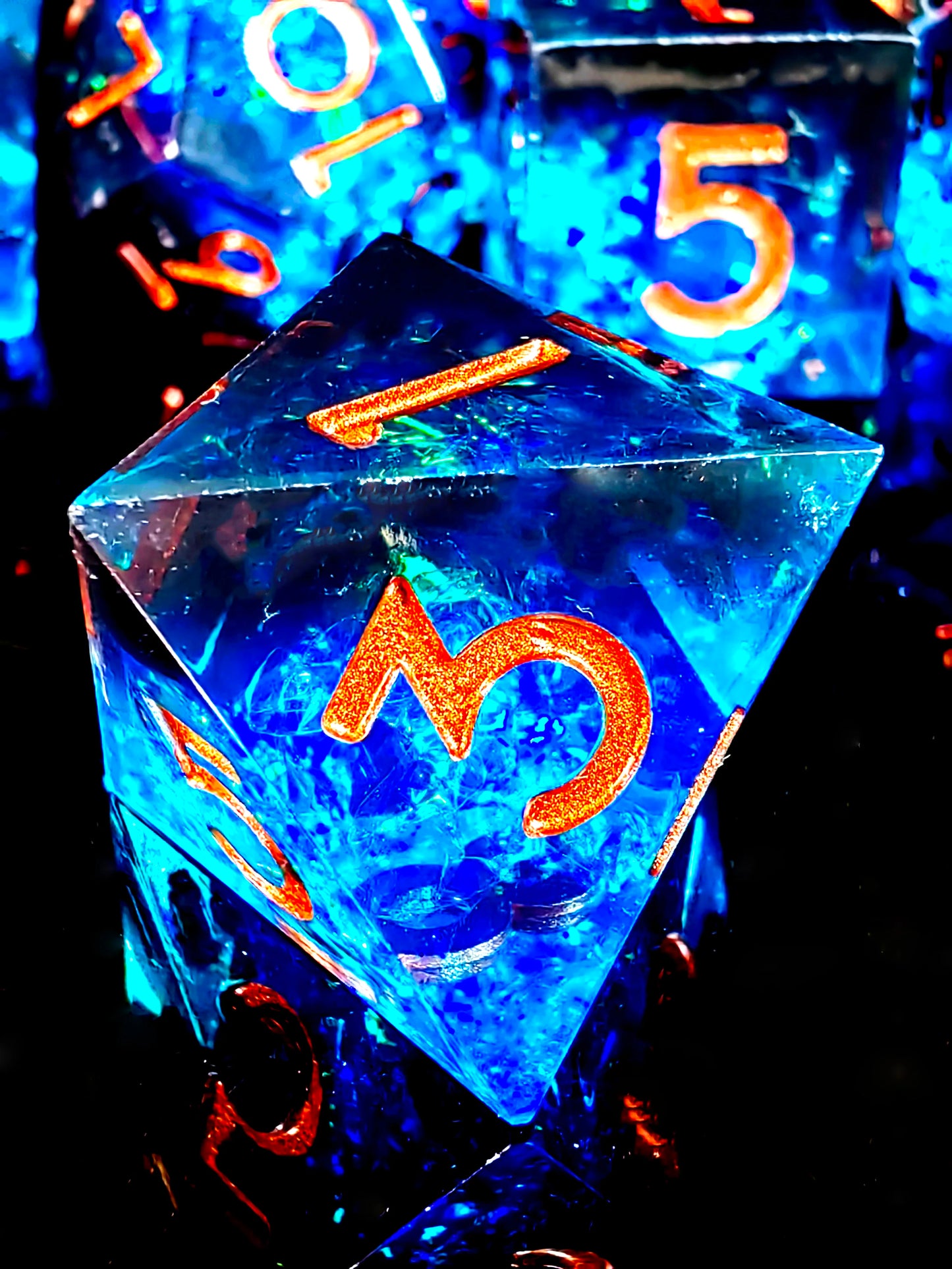 DnD Dice Set - 7 Piece Sharp Edge Resin Polyhedral Dice, Light Blue with Bronze Numbers, for D&D RPG Tabletop Games