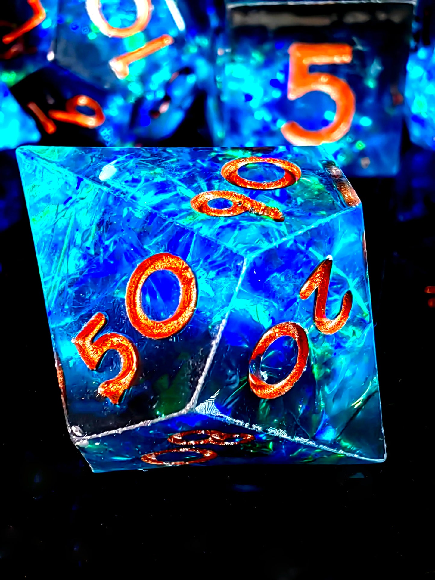 DnD Dice Set - 7 Piece Sharp Edge Resin Polyhedral Dice, Light Blue with Bronze Numbers, for D&D RPG Tabletop Games