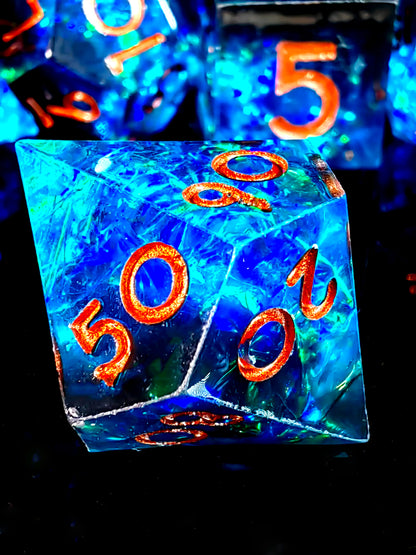 DnD Dice Set - 7 Piece Sharp Edge Resin Polyhedral Dice, Light Blue with Bronze Numbers, for D&D RPG Tabletop Games
