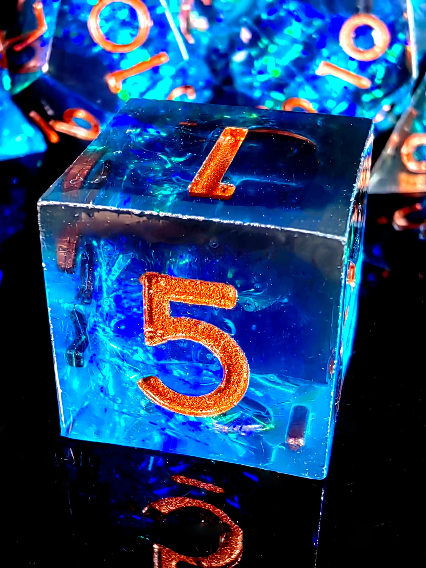 DnD Dice Set - 7 Piece Sharp Edge Resin Polyhedral Dice, Light Blue with Bronze Numbers, for D&D RPG Tabletop Games